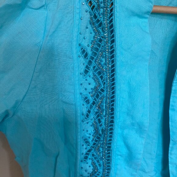 Chico's Womens Aqua Breeze Linen Beaded Open Front Coastal Beach Jacket Size S 0 - Picture 3 of 6